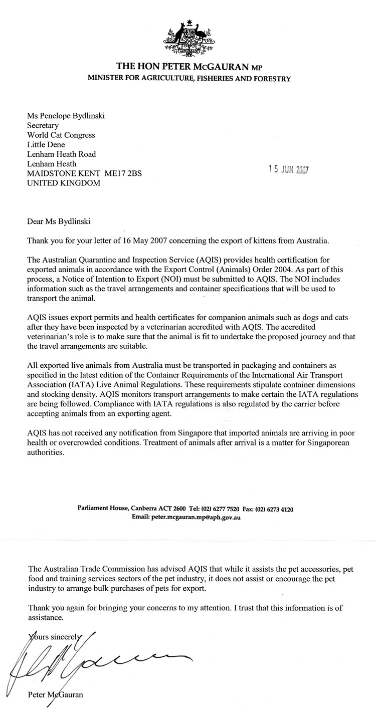 reply from the Australian Ministry regarding transport of animals to Asia